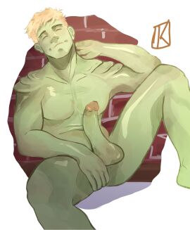 1boy alien artist_signature balls bara biceps big_penis blonde_hair brick_wall closed_eyes erection gay_male green_body green_skin hulkling humanoid kydener male male_only marvel marvel_comics muscular muscular_male naked naked_male nude nude_male pecs penis sitting smile smiling smooth_armpits smooth_chest smooth_penis solo solo_male superhero teddy_altman yaoi young_avengers