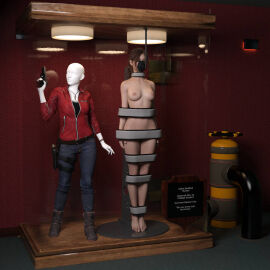 1girls 3d arms_at_sides asleep barefoot bound bound_arms bound_legs bound_neck breasts captured captured_heroine chloroform claire_redfield clothes_removed completely_nude defeated defeated_heroine display display_case english_text eyes_closed feet female forniphilia gas_mask helpless helpless_female human_furniture human_trophy immobile indoors legs_together living_statue living_trophy mannequin name_tag nipples nude nude_female oldmanjaay overhead_light permanent_bondage plaque pussy pussy_obscured resident_evil sign solo_female stasis_chamber stationary_restraints stripped stripped_naked suspension suspension_bondage text trophy_case unconscious