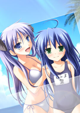 2girls bikini blue_eyes blue_hair female green_eyes hands_on_shoulders kagami_hiiragi konata_izumi lavender_hair lucky_star outdoors posing school_swimsuit smiling_at_viewer swimsuit tagme tsuda_akira very_long_hair