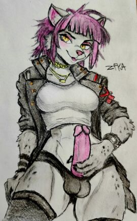 absurd_res anthro black_clothing black_panties black_underwear canid canine canis clothing coat crop_top erection furry futanari genitals gold_(metal) gold_jewelry gold_necklace hair hi_res intersex jewelry leather leather_clothing leather_coat leather_topwear mammal necklace panties penis pink_hair shirt topwear traditional_media_(artwork) underwear white_clothing white_shirt white_topwear wolf yellow_eyes zfka