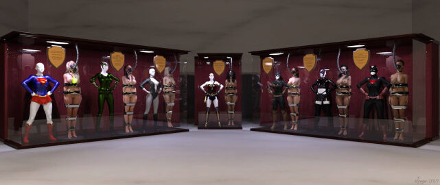 3d 6+girls 7girls animal_ears aquaman_(series) barbara_gordon_(arkham_knight) bat_ears batgirl batgirl_(arkham_knight) batman:_arkham_knight batman_(series) batwoman belt black_canary black_clothing black_leotard blue_clothing bodysuit bondage boots bound bound_arms bound_legs captured captured_heroine color completely_naked completely_nude container crossover dc dc_comics diana_prince dinah_lance feeding feeding_tube female female_only femsub glass glass_box glass_container gloves green_arrow_(series) green_clothing hands_on_hips headgear heroine in_container kara_danvers kara_zor-el kate_kane kryptonite leotard mannequin mask mera miniskirt multiple_females multiple_girls nude nude_female oldmanjaay on_display pose red_clothing reflection shiny_clothes shirt sign skirt spread_legs standing submissive supergirl superheroine superman_(series) thejpeger tight_clothing wonder_woman wonder_woman_(series)