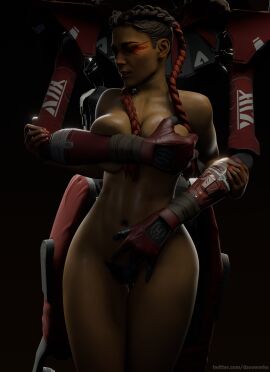 1boy 1girls 3d apex_legends ass blender blender_(software) blender_eevee braided_hair breasts dzooworks female grabbing grabbing_breasts highres human human/robot large_ass large_breasts loba_(apex_legends) male respawn_entertainment revenant_(apex_legends) robot robot_boy size_difference tanned_female teasing watermark