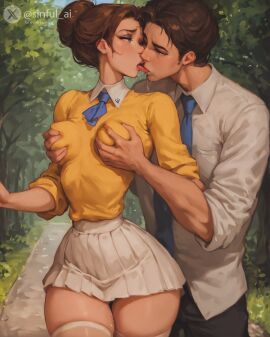 ai_assisted aisinful ass big_ass blue_eyes breasts brown_hair brunette disney disney_princess drooling female french_kiss grabbing grabbing_breasts grabbing_from_behind groping hair_bun hi_res hourglass_figure huge_ass jane_porter kissing large_ass medium_breasts miniskirt saliva short_skirt skirt small_breasts tarzan tarzan_(1999_film) thick_lips thick_thighs thighhighs white_thighhighs wide_hips