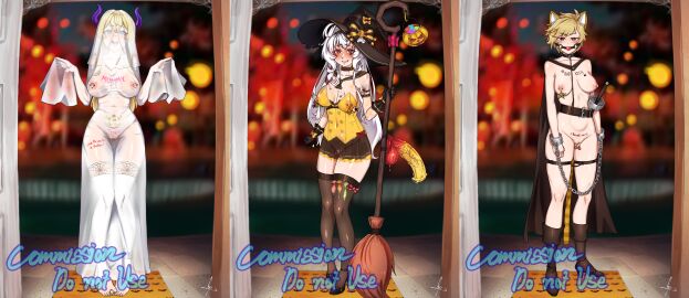 big_breasts blonde_hair breasts cat_ears cat_tail cum_drip cum_inside demon front_view ghostbusters guardian_tales halloween horns horse_penis markings pussy red_eyes thick_thighs trick_or_treat used_condom valencia_(guardian_tales) vampire white_hair