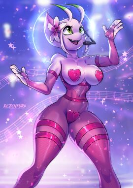 2024 breasts celebi cleavage creatures_(company) female female_only flower flower_in_hair game_freak green_eyes hana_(infinity_warrior) hana_amai headset_microphone heart_pasties legendary_pokemon musical_note nintendo original original_character pasties performing pink_body pink_hair pink_skin pokemon pokemon_(species) purple_background pussy pussy_pasty rezenfurd sheet_music short_hair solo solo_female thick_thighs thighhighs thighs tltechelon