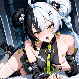 (titancore) ai_generated bedroom black_hair breasts curvy_figure cute_girl dialyn dialyn_(zenless_zone_zero) female girl golden_eyes holding_breast multicolored_hair naughty_girl teasing_viewer twintails video_game_character white_hair zenless_zone_zero
