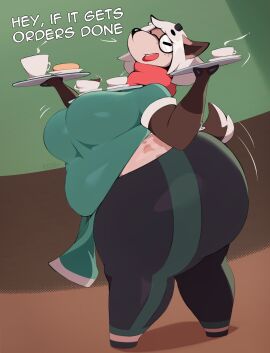 anthro ass barista big_ass big_belly big_breasts breasts coffee deer female huge_ass kkoart macchi_(kkoart) serving serving_tray