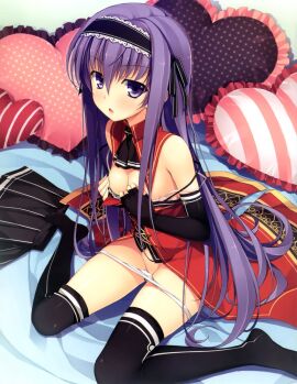 bare_shoulders black_thighhighs blush breasts cleavage elbow_gloves feet female fingerless_gloves fujimori_yuu groin hairband koikishi_purely_kiss long_hair no_skirt open_mouth panties panties_down pillows purple_eyes purple_hair shiny_skin sitting skirt_removed small_breasts strap_slip thighhighs thighs white_panties yuuki_hagure