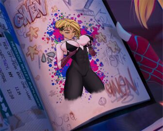 1girls abs alternate_breast_size blonde_hair book breasts canon_couple couple eyebrow_piercing female grabbing_own_breast gwen_art_check gwen_stacy huge_breasts lips looking_down marvel marvel_comics meme miles_morales muscular muscular_female piercing romantic_couple smile spider-gwen spider-man spider-man_(series) superhero superhero_costume superheroine thighs