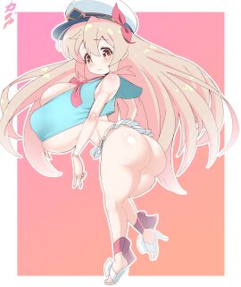 ass big_ass big_breasts bimbo breasts closed_mouth female gigantic_breasts heels high_heels hourglass_figure huge_ass huge_breasts hyper hyper_breasts kazuya_zoey large_ass large_breasts logo looking_back massive_breasts miniskirt nipple_bulge no_panties onii-chan_wa_oshimai! oyama_mahiro rear_view sandals short_stack shortstack skindentation slender_waist top_heavy topwear useless_clothing wavy_mouth worried