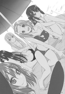 5girls artist_request azusa_nakano_(k-on!) beach beach_umbrella bikini female k-on! long_hair looking_at_viewer mio_akiyama_(k-on!) monochrome ritsu_tainaka_(k-on!) short_hair smiling_at_viewer tagme tsumugi_kotobuki_(k-on!) twintails yui_hirasawa_(k-on!)