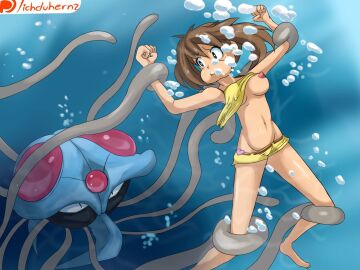 1girls assisted_exposure big_breasts bikini bondage breasts bubbles female feral holding_breath human ichduhernz imminent_rape interspecies may_(pokemon) navel nintendo nipples one_breast_out peril pokemon pokemon_(species) pokephilia puffed_cheeks restrained swimsuit tentacle tentacruel underwater underwater_peril water yellow_bikini yellow_swimsuit