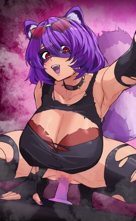 1girls breasts dark_skin dildo female high_quality huge_breasts indie_virtual_youtuber indie_vtuber looking_at_viewer open_mouth partially_clothed purple_hair red_clothing red_eyes riding riding_dildo rox_ruckus solo solo_female solo_focus tan_body tan_skin tongue virtual_youtuber