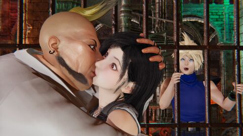 1girls 2boys 3d bald black_hair cloud_strife don_corneo dungeon fat_male female final_fantasy final_fantasy_vii honey_select honey_select_2 kissing male netorare prison surprised tifa_lockhart ugly_bastard