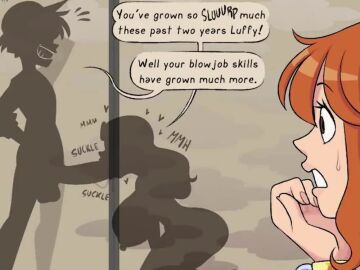 1boy 2girls big_breasts big_penis blowjob dialogues jealous_female luffy nami_(one_piece) nico_robin one_piece pounding secret_comics tagme threesome video voice_acted