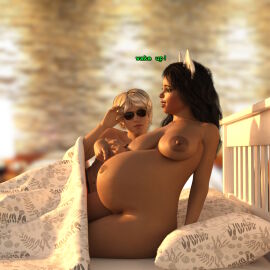 1boy 1girls 3d animal_ears belly big_belly big_breasts black_hair breasts breedingduties dark-skinned_female dark_skin dave_strider dog_ears female female_focus homestuck jade_harley male nipples pregnant