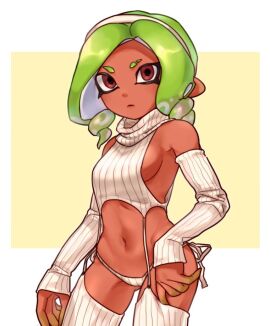1girls breasts brown_eyes closed_mouth commentary_request dark-skinned_female dark_skin detached_sleeves female garter_straps green_hair hairband ikki_(gsl_9708) korean_commentary looking_at_viewer medium_breasts medium_hair meme_attire navel nintendo octoling octoling_girl octoling_player_character panties sideboob simple_background sleeveless sleeveless_sweater sleeves_past_wrists solo splatoon splatoon_(series) splatoon_3 standing sweater tentacle_hair three_quarter_view turtleneck turtleneck_sweater two-tone_background underwear virgin_destroyer_sweater white_background white_hairband white_panties white_sleeves yellow_background