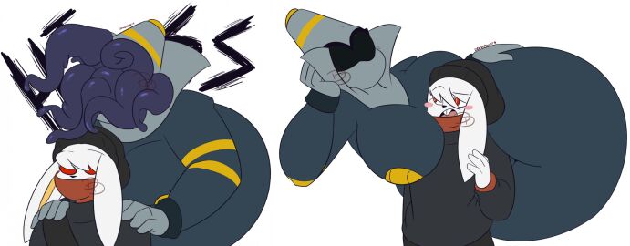 2022 anthro beanie big_breasts black_beanie black_clothing black_hat black_headwear blush blush_stickers breasts buckteeth clothing covered_mouth dd_(dewwydarts) dd_(dewwydartz) desire_(dewwydarts) desire_(dewwydartz) dewwydarts dewwydartz duo dusknoir eyeless featureless_breasts female floating fur generation_4_pokemon generation_8_pokemon grey_body grey_clothing grey_sweater grey_topwear hair hand_on_hip hands_on_shoulders hat head_between_breasts headgear headwear hissing huge_breasts larger_female male male/female markings nintendo open_mouth original original_character pokemon pokemon_(species) pokemon_only pokémon_(species) raboot red_eyes simple_background simple_eyes size_difference slightly_chubby smaller_male sweater tagme teeth tentacle thick_thighs topwear white_background white_body white_fur white_hair wide_hips yellow_markings