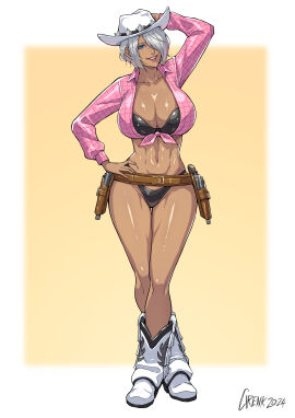 breasts angel_(kof) boots bra breasts cirenk cleavage cowboy_boots cowboy_hat female gun hat holster holstered_weapon king_of_fighters revolver short_hair silver_hair snk thong tied_shirt