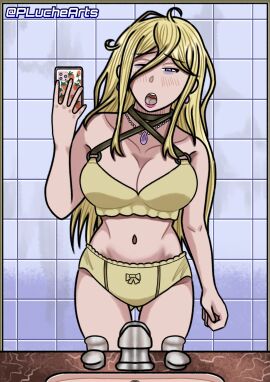 bathroom big_breasts blonde_female blonde_hair blue_eyes breasts date_a_live ellen_mira_mathers light-skinned_female light_skin lingerie mirror phone photo pink_lipstick pluchearts red_nails selfie sexting solo solo_female underwear yellow_underwear