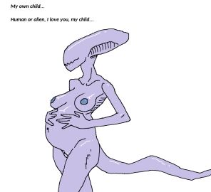 alien alien_(franchise) breasts ciircuit comic dialogue eyeless female femomorph genitals hand_on_belly non-mammal_breasts nude pregnant pregnant_female pussy solo tail text vulva xenomorph