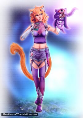 animal_ears bangs boots breasts cat_ears female fingerless_gloves full_body garter_straps gloves hair_ornament hairclip large_breasts looking_at_viewer makeup medium_breasts microphone midriff miniskirt navel open_mouth orange_hair purple_footwear purple_gloves purple_legwear purple_pants purple_shirt short_hair skirt sleeveless solo squchan_(vtuber) standing tail thighhighs virtual_youtuber vyugen watermark web_address