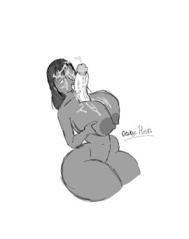 1boy 1girls artist_name breasts cona_(coryhen) coryhen_(artist) cum cum_on_face dark-skinned_female dark_skin fellatio female floating_penis huge_breasts huge_cock ibispaintx interracial licking_penis light-skinned_male light_skin male monochrome penis penis_between_breasts self_upload straight