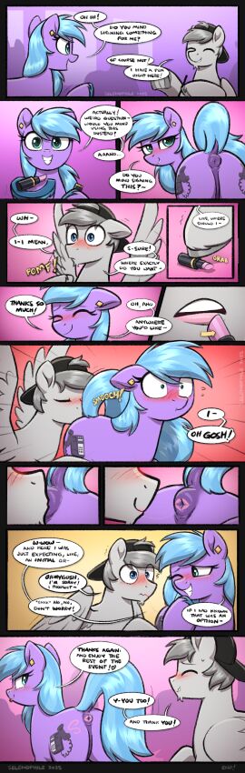 absurd_res anal anus clothing comic conference_call cutie_mark dialogue dock_(anatomy) duo equine_anus exhibitionism hasbro hat headgear headwear hi_res lipstick lipstick_on_anus makeup male male/male my_little_pony oral presenting presenting_anus puffy_anus rimming rimming_male seleno selenophile sex speech_bubble tail