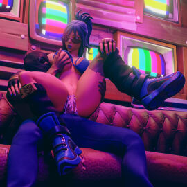 1boy 1girls 3d big_breasts blue_bra blue_eyes breasts cum cum_in_pussy cum_inside female fortnite glasses hope_(fortnite) looking_over_eyewear looking_over_glasses looking_over_sunglasses male penetration playing_with_nipple pussy squeezing squeezing_breast sunglasses tinted_eyewear