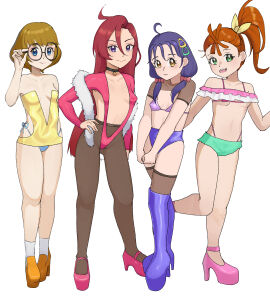 4girls blue_eyes bra choker female female_only glasses green_eyes high_heels ichinose_minori light-skinned_female light_skin long_hair natsuumi_manatsu orange_hair pantyhose precure pretty_cure purple_eyes purple_hair red_hair revealing_clothes short_hair stockings suzumura_sango takizawa_asuka thighhighs tropical-rouge!_precure yellow_eyes yellow_glasses_(lewd_glasses) yellow_hair