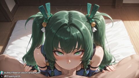 1girls ai_generated android big_penis blowjob breasts clothed clothed_female curvy curvy_body curvy_female deepthroat dreamyan_ai fellatio green_eyes green_hair hi_res high_quality high_resolution highres long_hair male_pov medium_breasts oral oral_sex pov qingyi_(zenless_zone_zero) sucking sucking_penis thick_ass thick_thighs thighs twintails uncensored zenless_zone_zero