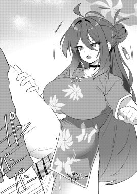 1boy absurdres bar_censor blue_archive breasts censored china_dress chinese_clothes choker clothed_sex cum cum_overflow dress erection female hair_between_eyes hair_bun halo highres large_breasts leg_lift long_hair makura_u9b male mole mole_on_thigh mole_under_eye open_mouth pelvic_curtain penis reijo_(blue_archive) sex short_sleeves single_hair_bun solo_focus straight