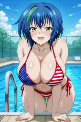 ai_generated american_flag_bikini bikini blue_hair day daytime green_hair hi_res high_school_dxd hires open_mouth outdoors pool poolside short_hair two_tone_hair upscaled water wet wet_body xenovia_quarta yellow_eyes