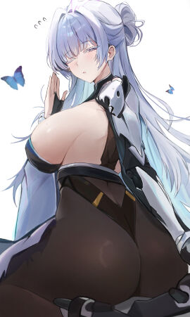 aqua_eyes ass bare_shoulders blue_hair blush bodysuit breasts bug butterfly female from_behind goddess_of_victory:_nikke hair_bun huge_ass insects large_breasts long_hair looking_at_viewer one_eye_closed pantyhose parted_lips rimmon sideboob sitting solo thick_thighs thighs very_long_hair wariza