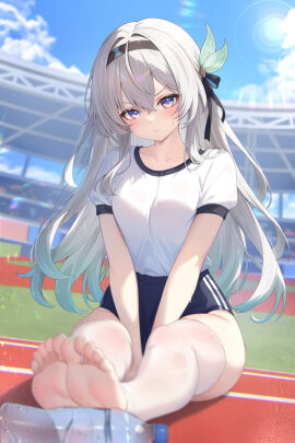 absurdres alternate_costume arms_between_legs barefoot black_hairband blue_buruma blue_sky blurry blurry_foreground blush bottle breasts buruma closed_mouth cloud cloudy_sky commentary crossed_bangs day duplicate feet female firefly_(honkai:_star_rail) grey_hair gym_uniform hair_between_eyes hair_intakes hair_ornament hairband hashtag-only_commentary highres honkai:_star_rail honkai_(series) kuroida long_hair looking_at_viewer outdoors paid_reward_available pixel-perfect_duplicate plastic_bottle puffy_short_sleeves puffy_sleeves purple_eyes running_track shirt shirt_tucked_in short_sleeves sitting sky soles solo stirrup_legwear sunlight symbol-only_commentary thighhighs thighs toeless_legwear toes v-shaped_eyebrows v_arms water_bottle white_shirt white_thighhighs