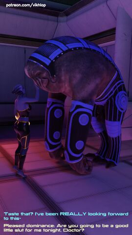 3d alien alien_genitalia alien_girl asari comic comic_page elcor english english_text female latex_clothing liara_t'soni mass_effect vikhlop