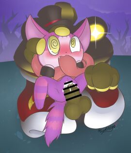 absurd_res anthro balls blush bodily_fluids crown cum cum_in_pussy cum_inside cuntboy cuntboy/male domestic_cat duo felid feline felis fur genital_fluids genitals headgear hi_res intersex intersex/male krowe_king lemontyne male mammal obakeidoro! penis purple_body purple_fur pussy sex sharlie_(obakeidoro!) stripes tail toad tongue_in_mouth