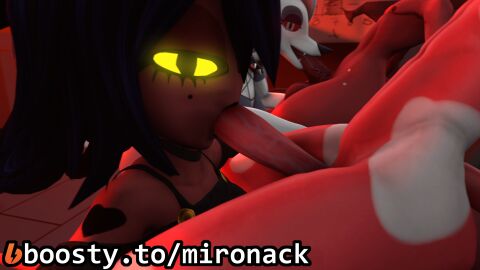 3d anthro big_penis black_hair blitzo_(helluva_boss) canid canid_demon canine clothing demon digital_media_(artwork) fellatio female genitals glowing glowing_eyes group hair heart_symbol hellhound helluva_boss hi_res imp looking_at_viewer loona_(aeridiccore) loona_(helluva_boss) male male/female mammal millie_(helluva_boss) mironack moxxie_(helluva_boss) mythological_canine mythological_creature mythology oral penile penis red_body red_penis sex source_filmmaker_(artwork) spots tattoo text ulr yellow_eyes