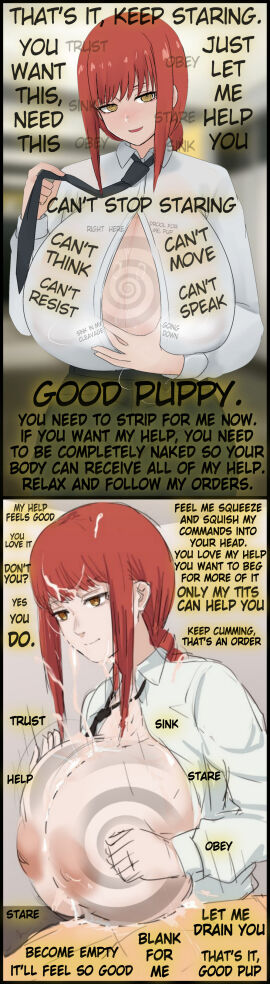1girls absurdres big_breasts blush boob_window boobjob breasts breasts_bigger_than_head button_gap caption caption_box chainsaw_man cleavage cum cum_on_body cum_on_breasts cum_on_face cum_on_hair english_text female femdom gigantic_breasts holding_breasts huge_breasts hypnosis hypnotic_breasts hypnotizing_viewer joi large_breasts long_hair looking_at_viewer makima_(chainsaw_man) male male_pov malesub manip nao_(ritsancrossover) orgasm orgasm_command paizuri ponytail pov_sub red_hair shirt smile spiral text tie titfuck titjob yellow_eyes ympulse_(manipper)