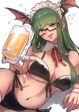 @_@ absurdres alcohol ap_cammy beer beer_mug bikini black_bikini breasts cup darkstalkers demon demon_girl demon_wings female front-tie_bikini_top front-tie_top glasses green_eyes green_hair head_wings highres holding holding_cup large_breasts long_hair maid_headdress morrigan_aensland mug navel semi-rimless_eyewear side-tie_bikini_bottom solo swimsuit under-rim_eyewear wings