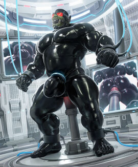 2022 ankle_cuffs anus areola back_muscles balls biceps black_claws black_clothing black_skinsuit bodily_fluids cable claws clothing cuff_(restraint) cuffed_ankles drooling electronics eyewear facial_hair finger_claws five_o'clock_shadow gag gagged genitals green_areola green_balls green_body green_nipples green_skin handcuffed handcuffs hi_res humanoid laboratory low-angle_view male male_only metal_cuffs monitor musclegut muscles muscular muscular_humanoid muscular_male muscular_thighs navel nipples orc pecs penis penis_cuff rear_view red_visor restraints saliva skinsuit solo takahirosi tight_clothing tusks vein veiny_muscles veiny_penis worm's-eye_view