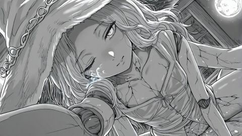 1boy 1girls ai_generated breasts closed_mouth confident cowgirl_position cracked_skin doll doll_joints elden_ring extra_arms full_moon greyscale hat long_hair looking_at_viewer monochrome moon one_eye_closed pov ranni_the_witch sex small_breasts straddling straight white_dress white_hair witch witch_hat