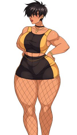 1girls black_hair dark-skinned_female dark_hair dark_skin demon_dog demondog17 eyebrows eyelashes eyeliner eyeshadow female fishnet_legwear fishnet_stockings fishnets lipstick makeup muscular muscular_arms muscular_female pencil_skirt pierced_ears piercing piercings short_hair skirt solo solo_focus standing tan_skin tomoe_tsukishima_(demon_dog) undercut wide_hips yellow_eyes