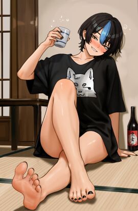 barefoot biting_lip biting_own_lip black_toenails blush blush_lines blushing_at_viewer blushing_female drunk feet female foot_focus legs looking_at_viewer nihu original_character short_hair soles thighs toes tomboy