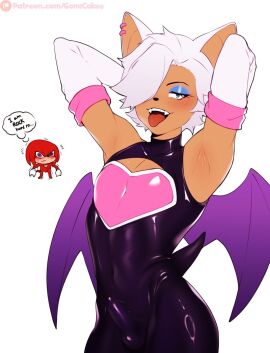 anthro armpits arms_up bat bat_wings bulge_through_clothing earrings eyeshadow fanart femboy genderswap genderswap_(ftm) gomi-cake hands_behind_head knuckles_the_echidna latex looking_at_viewer makeup male male_only male_rouge rouge_the_bat rouge_the_bat_(male) rule_63 short_hair sonic_(series) sonic_adventure_2 tan_skin tongue tongue_out white_hair yaoi