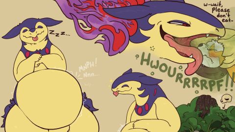 austrum belly big_belly blep bodily_fluids burping burping_in_face clothing death digestion discarded_clothing disposal duo fan_character fatal_vore feral feral_pred fur generation_2_pokemon generation_3_pokemon generation_8_pokemon hi_res hisuian_form hisuian_typhlosion implied_disposal male male/male male_pred male_prey nintendo onomatopoeia outside plant pokemon pokemon_(species) red_eyes regional_form_(pokemon) saliva satisfied scarf scat sequence shrub simple_background sleeping sound_effects struggling struggling_prey tan_background text tongue tongue_out typhlosion unwilling_prey vore vowelless vowelless_sound_effect zangoose zzz