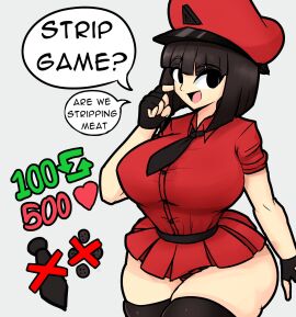 1girls big_breasts black_hair breasts delta_(desiredelta) desiredelta dialogue english english_text female female_focus female_only grey_background light_skin mary_(desiredelta) original short_skirt strip_game thick_thighs twitter_strip_game_(meme)