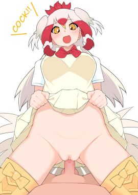 1boy :d balls bird_tail blush boots bow bowtie chicken_(kemono_friends) clitoris clothed_female_nude_male clothes_lift commentary commentary_request cowboy_shot cowgirl_position dress dress_lift english_commentary english_text female hair_between_eyes head_wings highres kemono_friends lifting_own_clothes long_hair looking_at_viewer male medium_bangs multicolored_hair nude ollie_(ollie_stratos) open_mouth penis pink_hair pov pov_crotch pussy red_bow red_bowtie red_hair shirt short_sleeves simple_background sleeveless sleeveless_dress smile solo_focus straddling straight tail testicles thigh_boots vaginal_penetration white_background white_hair white_shirt wings yellow_dress yellow_eyes yellow_footwear