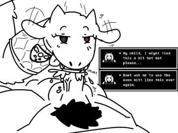 1boy 1girls blowjob boss_monster cum cum_in_sex_toy dialogue fangs female goat handjob heart horns male motion_lines oven_mitt pubic_hair red_eyes rrotzu sex_toy splurt tongue tongue_out tongue_out_blowjob toriel toriel_oven_mitt undertale