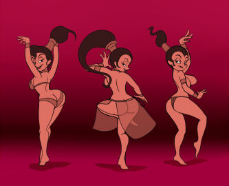 3girls aladdin aladdin_(1992_disney_film) artist_request ass ass_crack belly_dancer belly_dancing female happy happy_female harem_girls harem_girls_(aladdin) looking_at_viewer seductive_look smile smile_at_viewer topless topless_female